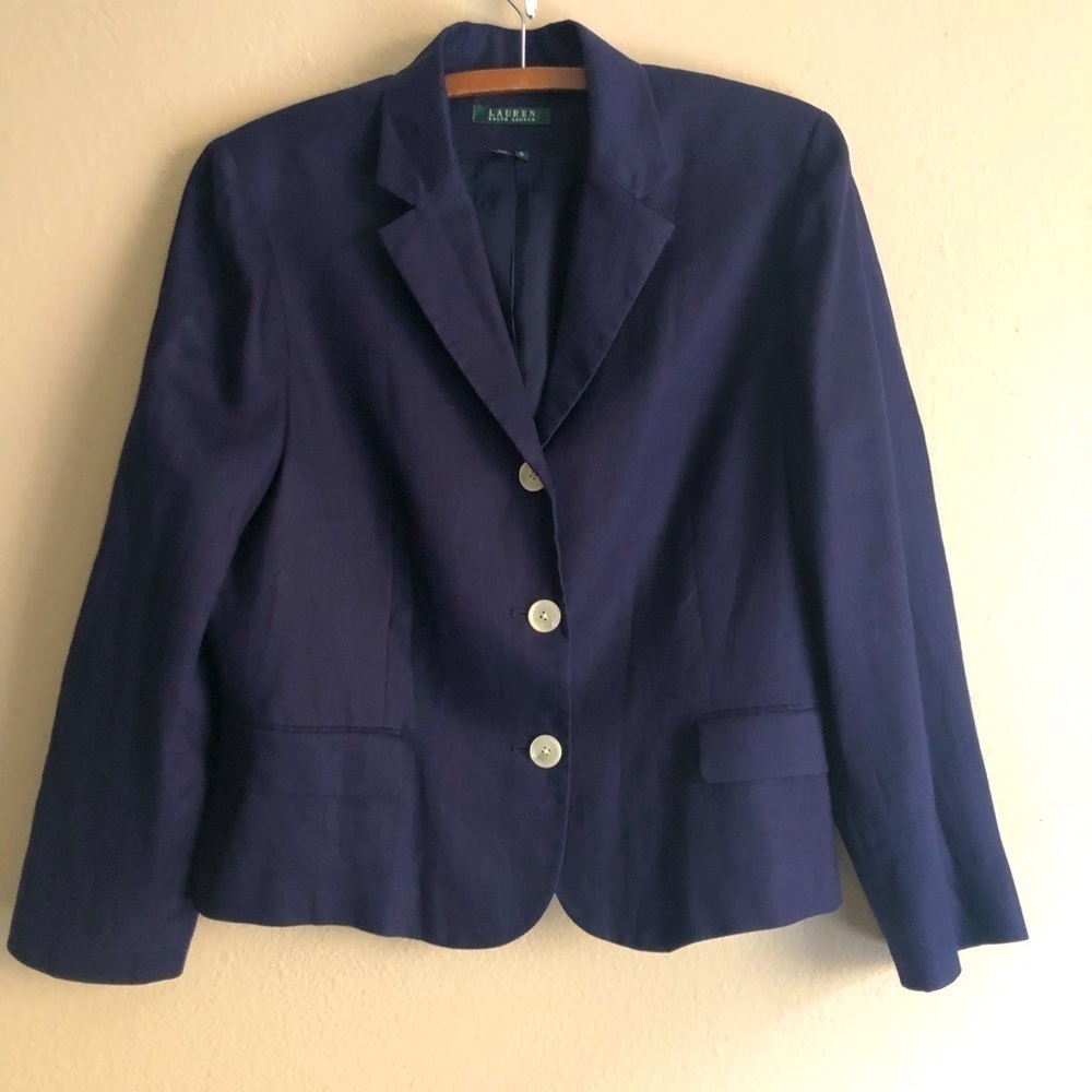 Lauren Ralph Lauren Girls Navy Linen Three Buttons Junior Blazer Size 16Youth